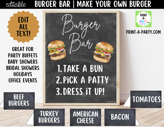 Editable Burger Bar Sign (8x10) & Toppings Tent Cards – Printable Food Station for BBQs, Summer Parties, Birthdays & More