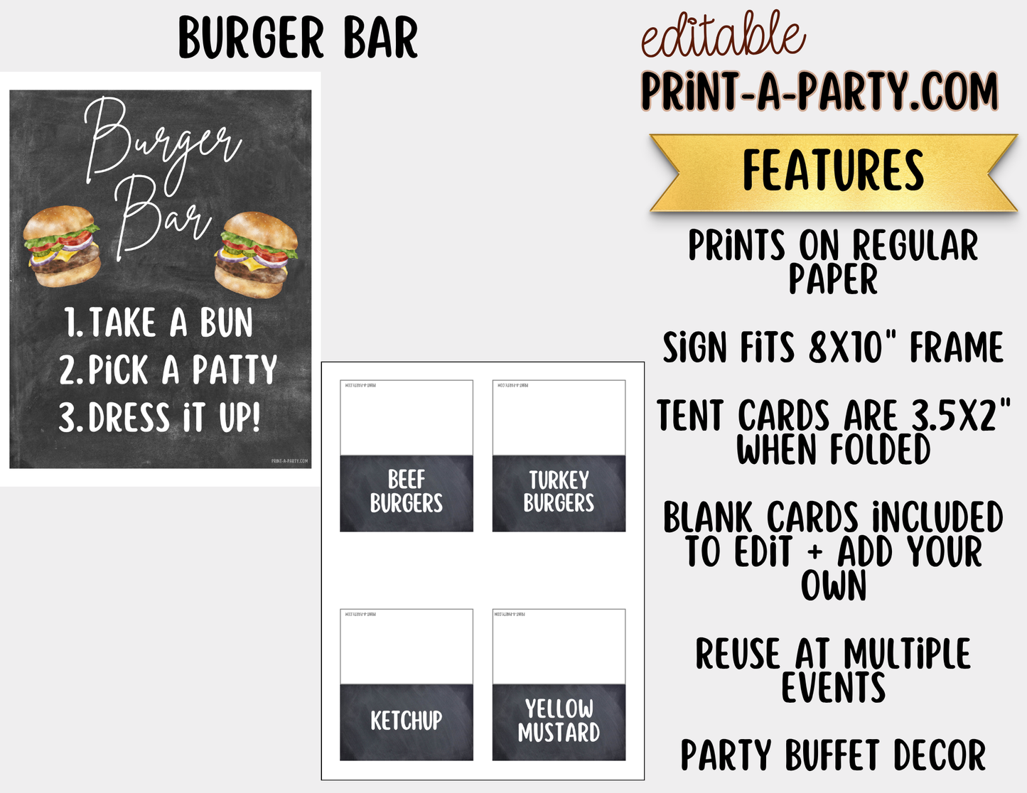 Editable Burger Bar Sign (8x10) & Toppings Tent Cards – Printable Food Station for BBQs, Summer Parties, Birthdays & More