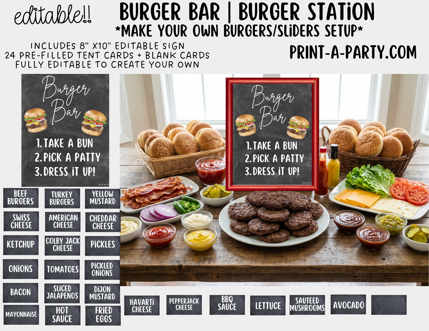 Editable Burger Bar Sign (8x10) & Toppings Tent Cards – Printable Food Station for BBQs, Summer Parties, Birthdays & More
