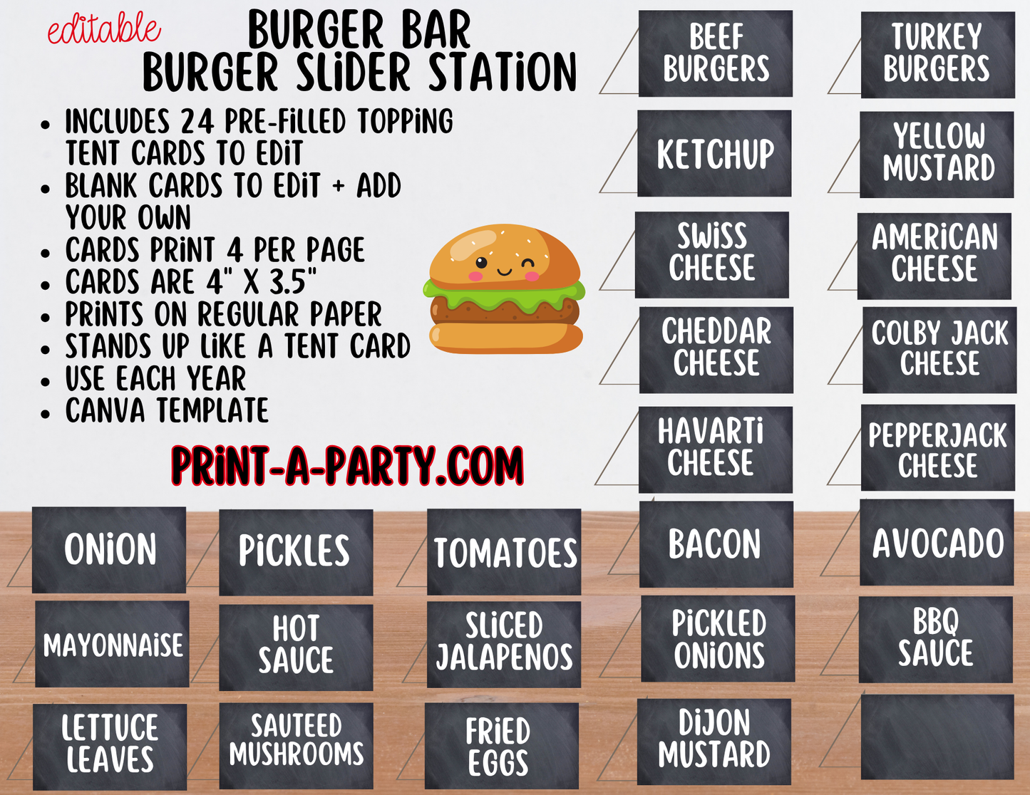 Editable Burger Bar Sign (8x10) & Toppings Tent Cards – Printable Food Station for BBQs, Summer Parties, Birthdays & More