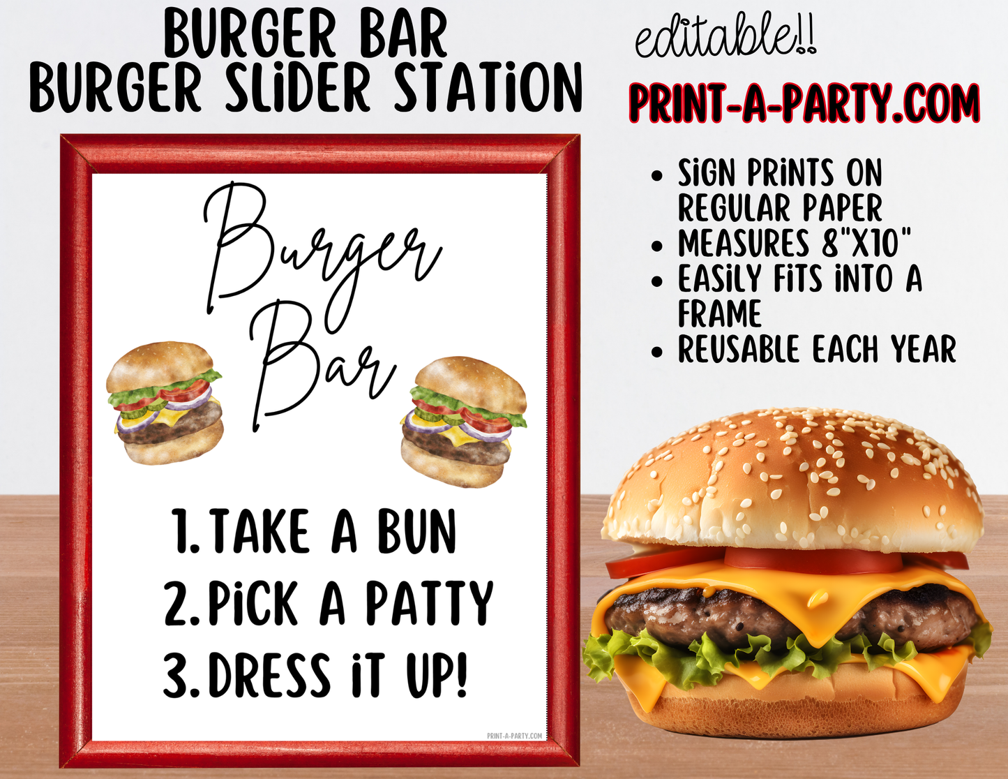 Editable Burger Bar Sign (8x10) & Toppings Tent Cards – Printable Food Station for BBQs, Summer Parties, Birthdays & More