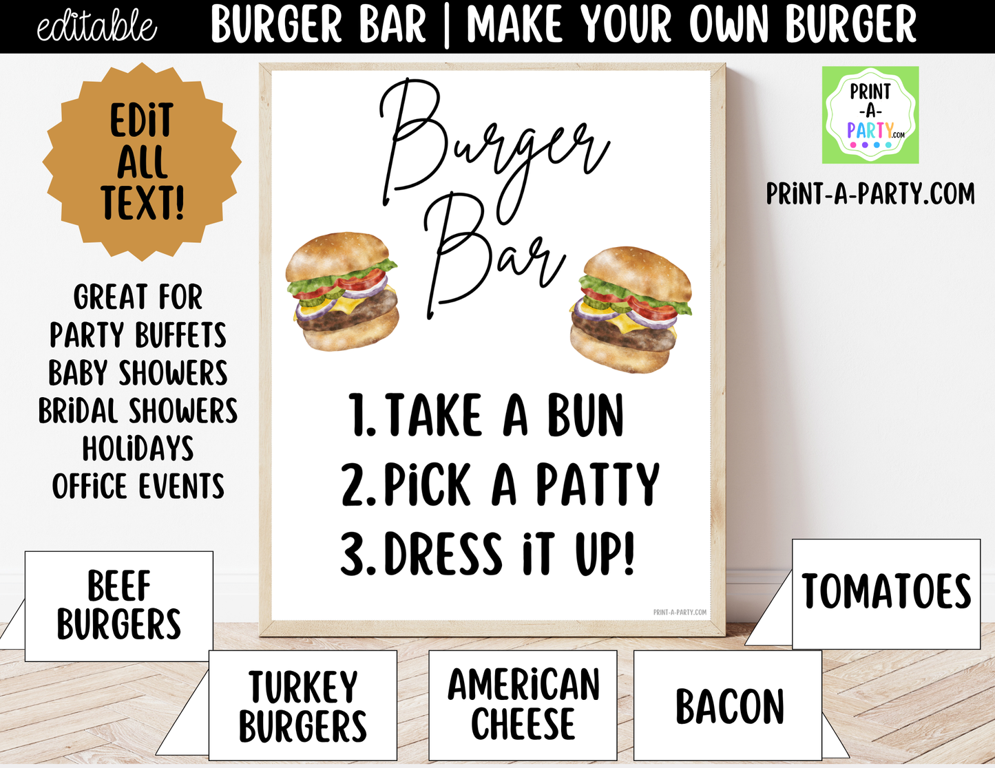 Editable Burger Bar Sign (8x10) & Toppings Tent Cards – Printable Food Station for BBQs, Summer Parties, Birthdays & More