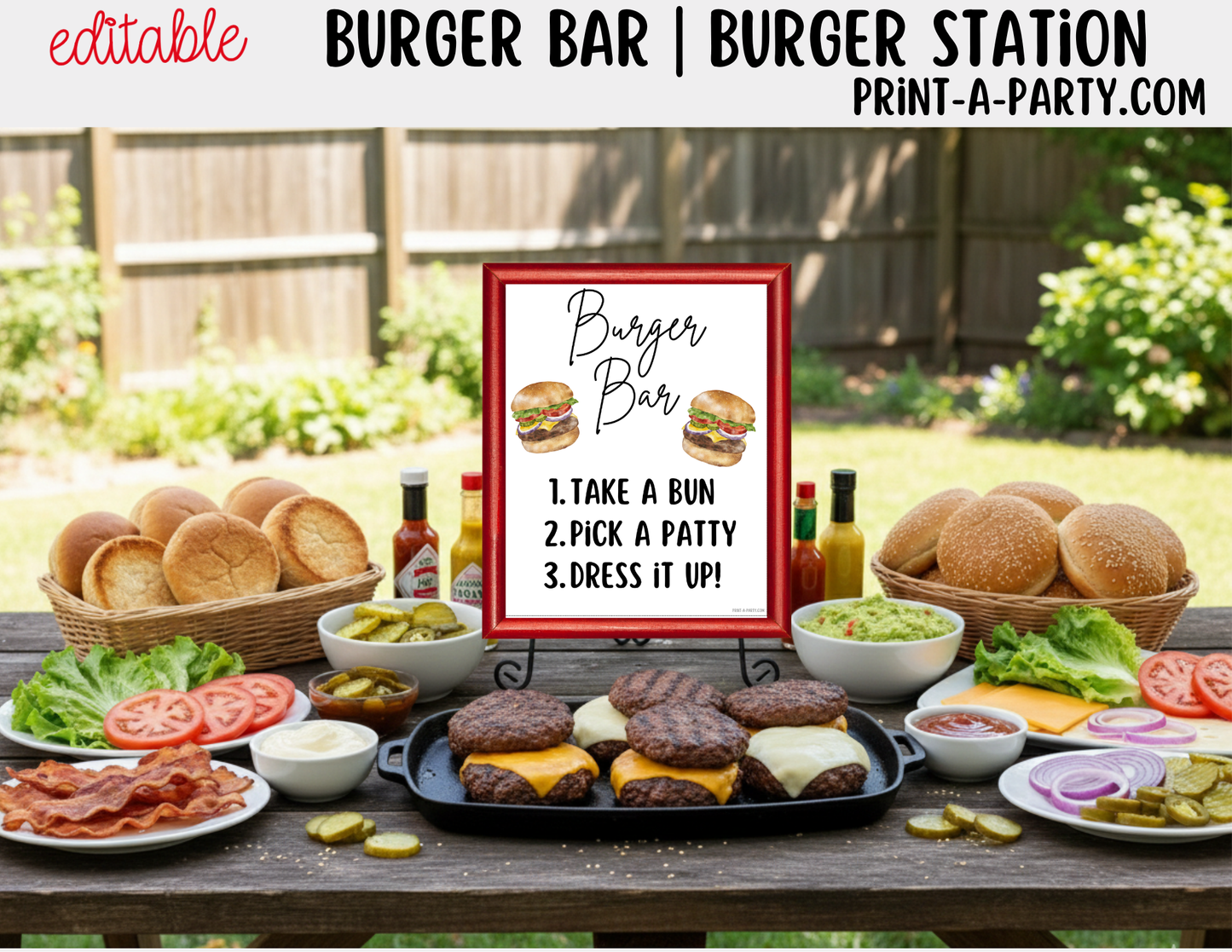Editable Burger Bar Sign (8x10) & Toppings Tent Cards – Printable Food Station for BBQs, Summer Parties, Birthdays & More