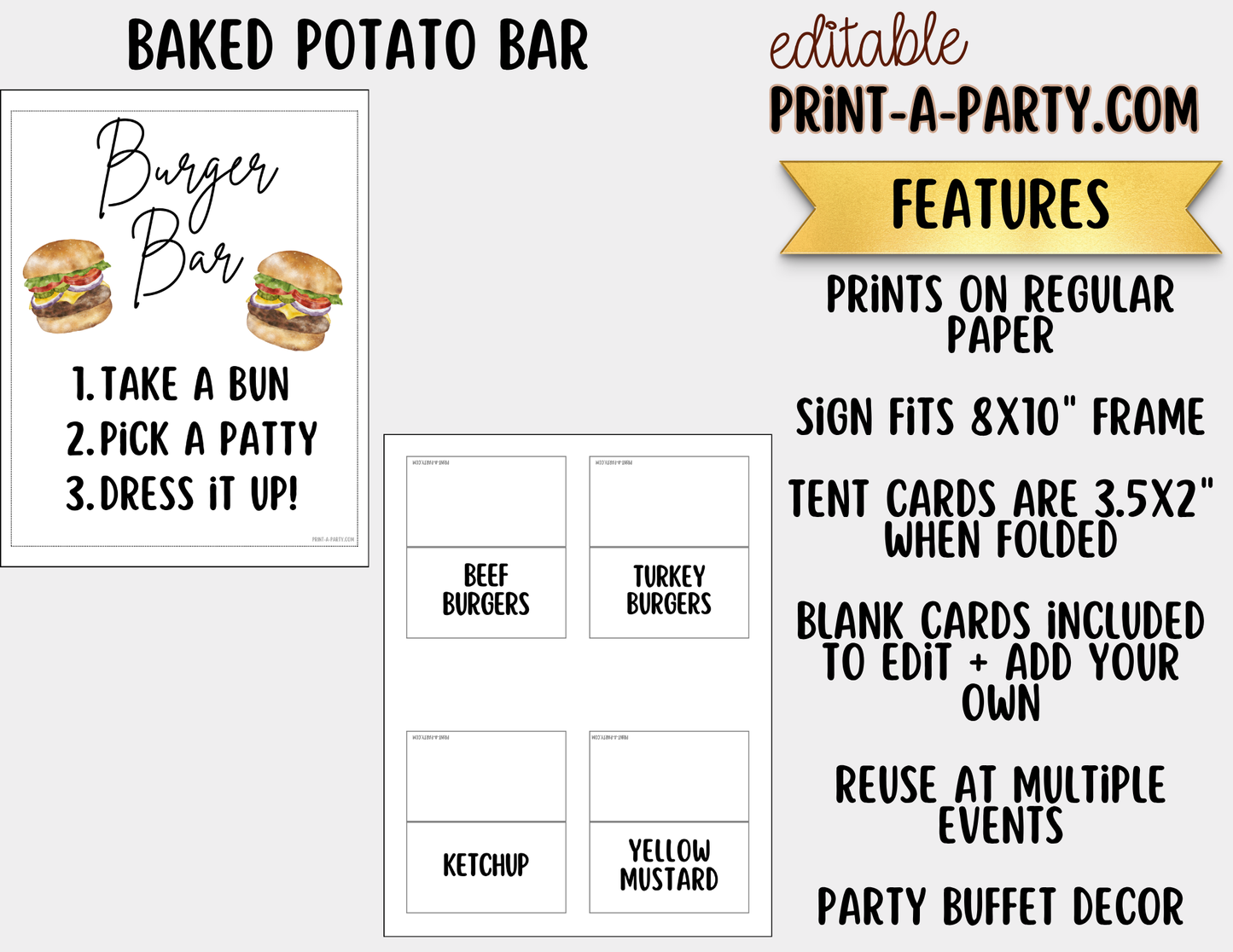 Editable Burger Bar Sign (8x10) & Toppings Tent Cards – Printable Food Station for BBQs, Summer Parties, Birthdays & More