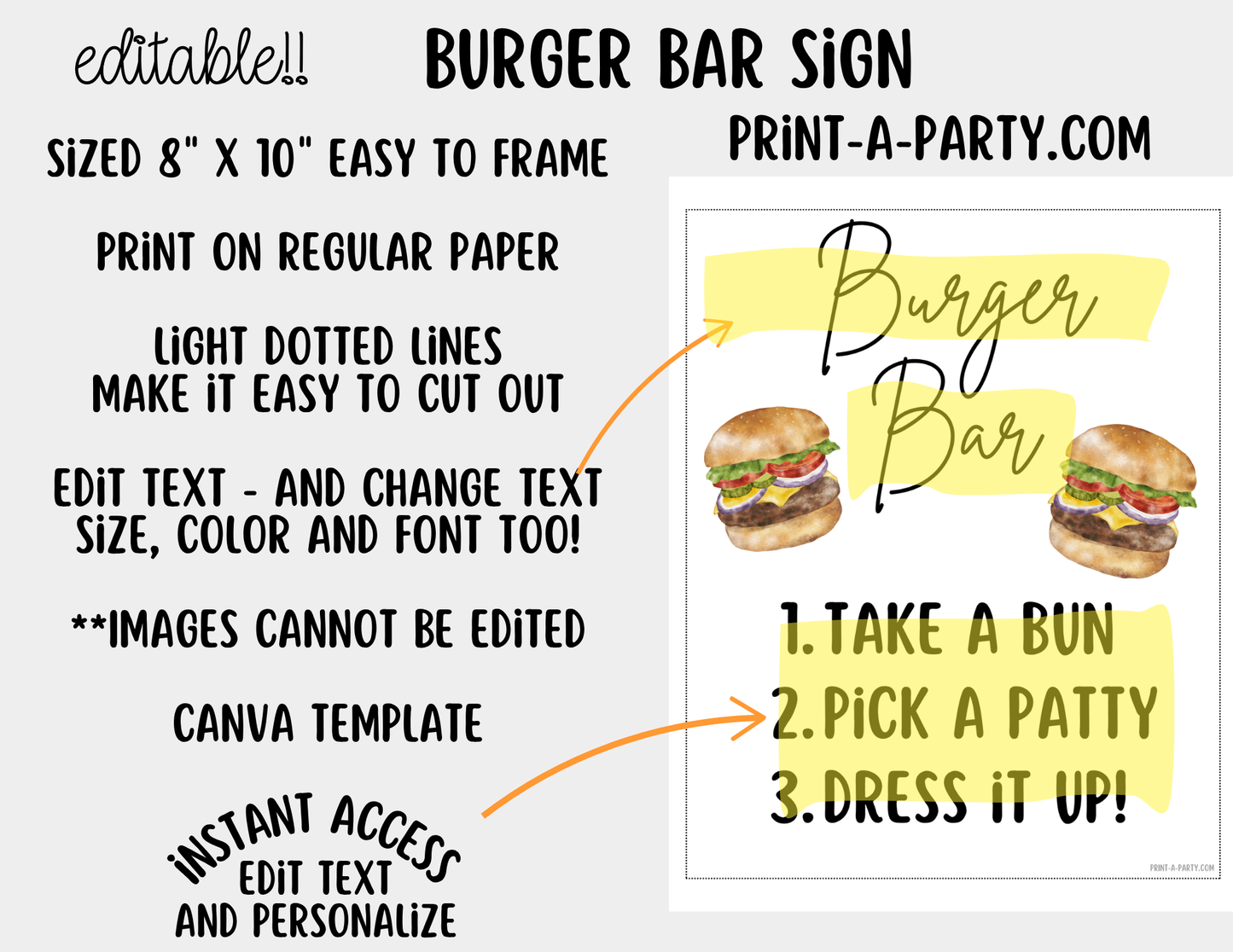 Editable Burger Bar Sign (8x10) & Toppings Tent Cards – Printable Food Station for BBQs, Summer Parties, Birthdays & More