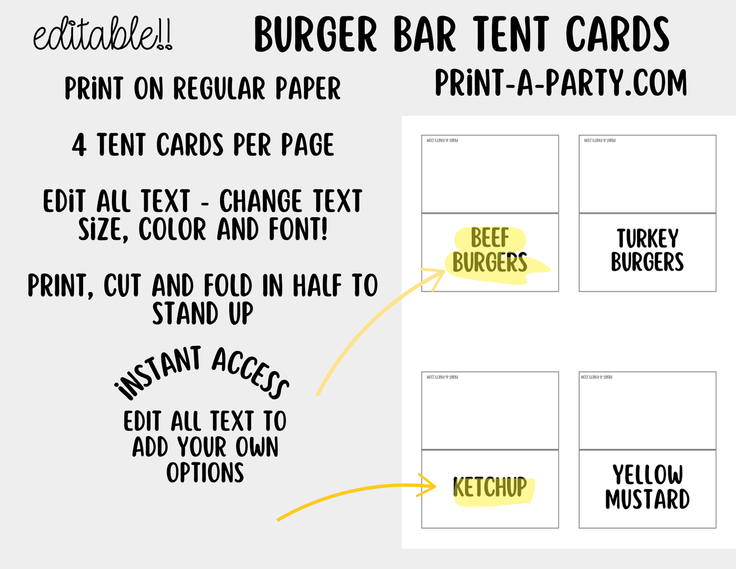 Editable Burger Bar Sign (8x10) & Toppings Tent Cards – Printable Food Station for BBQs, Summer Parties, Birthdays & More