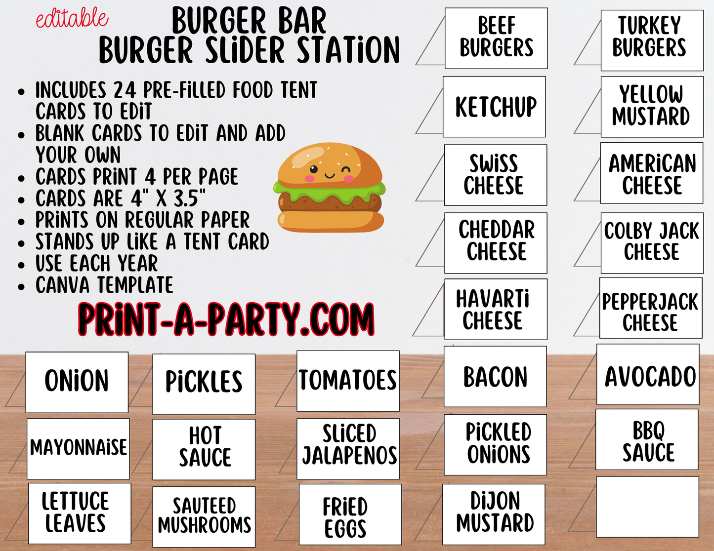 Editable Burger Bar Sign (8x10) & Toppings Tent Cards – Printable Food Station for BBQs, Summer Parties, Birthdays & More