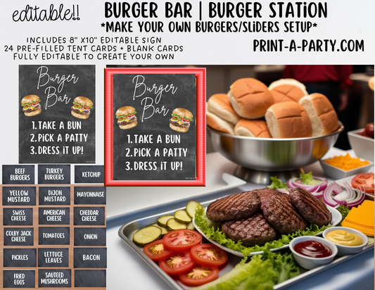 Editable BURGER SLIDER BAR - Sign and Food Labels Template Chalkboard - Perfect for BBQs, Summer Parties, Birthdays