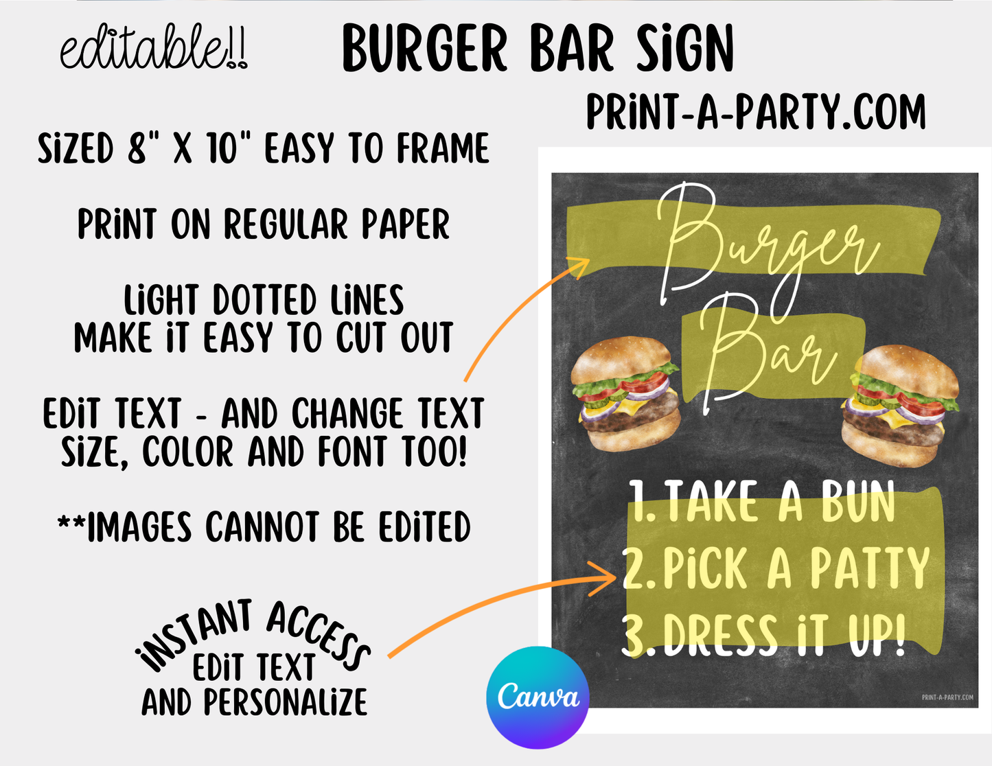 Editable BURGER SLIDER BAR - Sign and Food Labels Template Chalkboard - Perfect for BBQs, Summer Parties, Birthdays