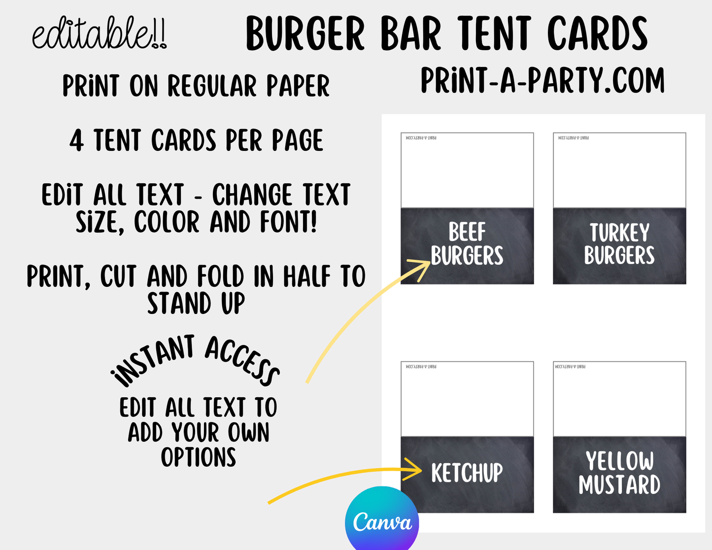 Editable BURGER SLIDER BAR - Sign and Food Labels Template Chalkboard - Perfect for BBQs, Summer Parties, Birthdays