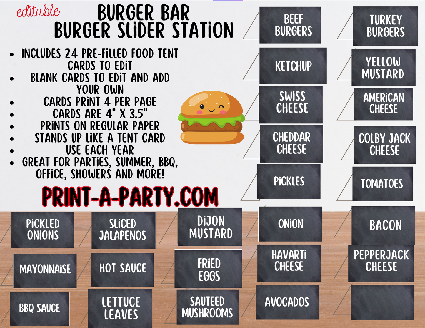 Editable BURGER SLIDER BAR - Sign and Food Labels Template Chalkboard - Perfect for BBQs, Summer Parties, Birthdays