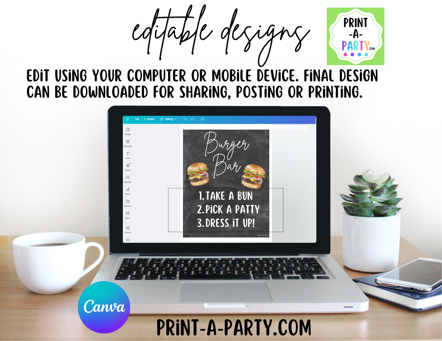 Editable BURGER SLIDER BAR - Sign and Food Labels Template Chalkboard - Perfect for BBQs, Summer Parties, Birthdays
