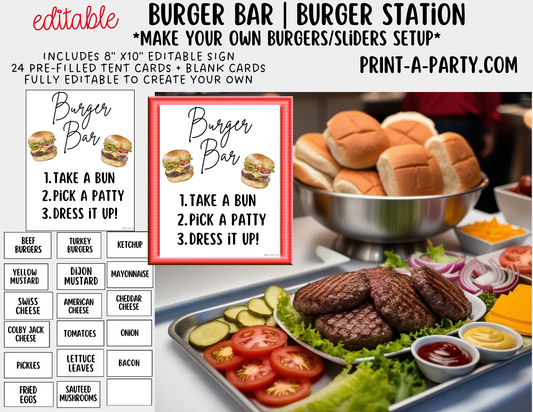 Editable BURGER SLIDER BAR - Sign and Food Labels Template White - Perfect for BBQs, Summer Parties, Birthdays