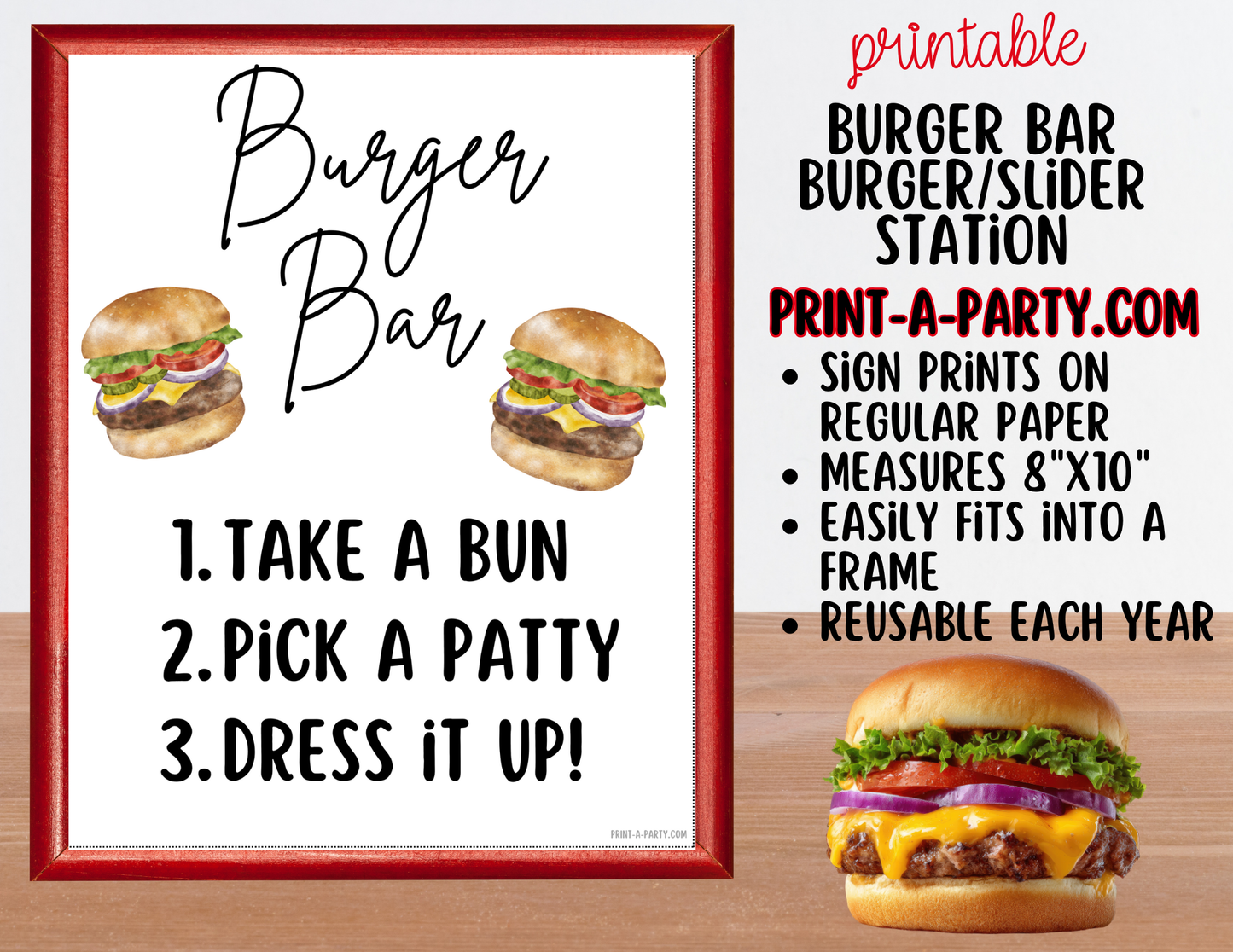 BURGER or SLIDER BAR - White - Printable Sign and Topping Tent Cards - For Parties, BBQ, Cookouts, Outdoor Events