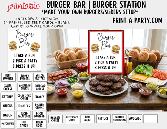 BURGER or SLIDER BAR - White - Printable Sign and Topping Tent Cards - For Parties, BBQ, Cookouts, Outdoor Events