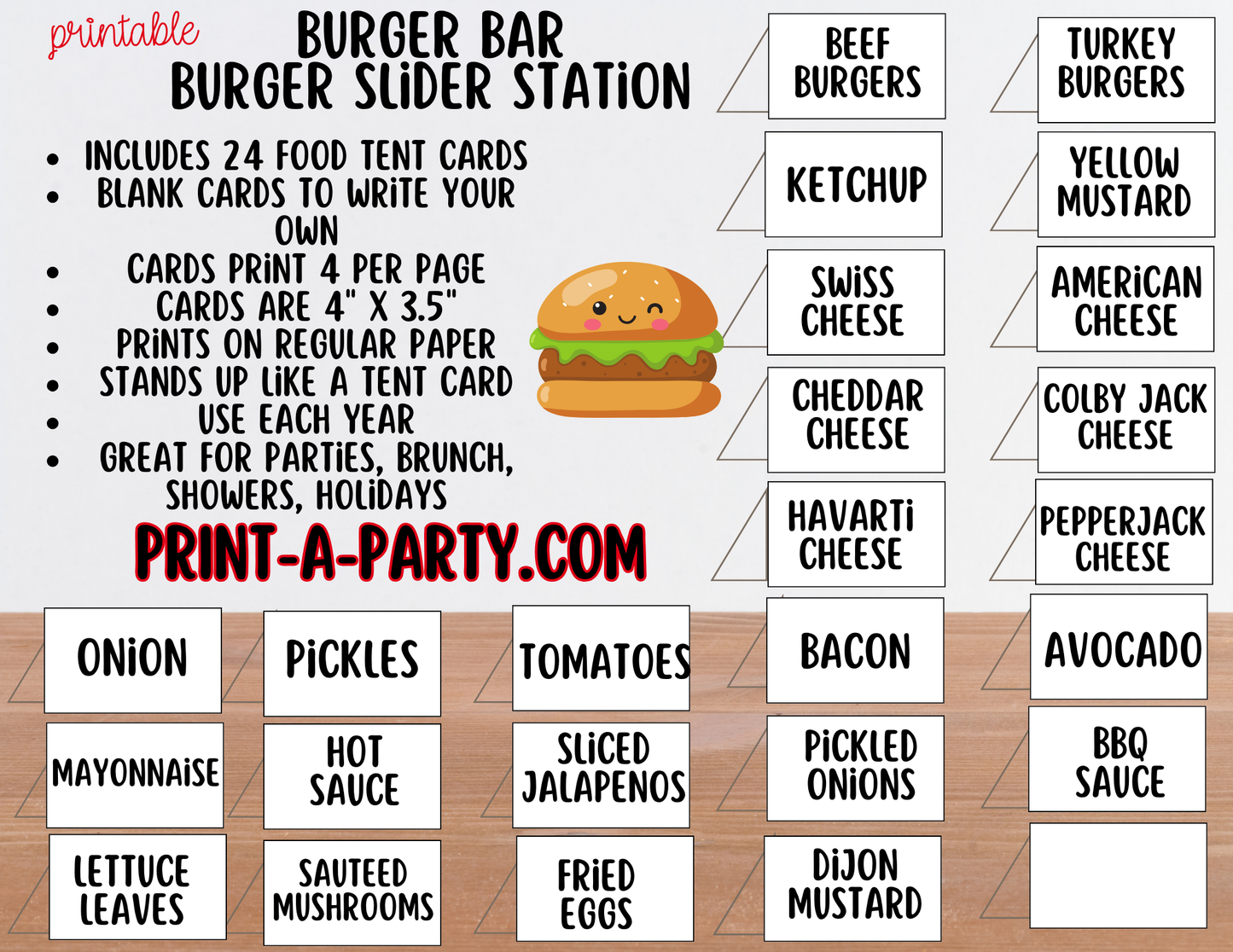 BURGER or SLIDER BAR - White - Printable Sign and Topping Tent Cards - For Parties, BBQ, Cookouts, Outdoor Events