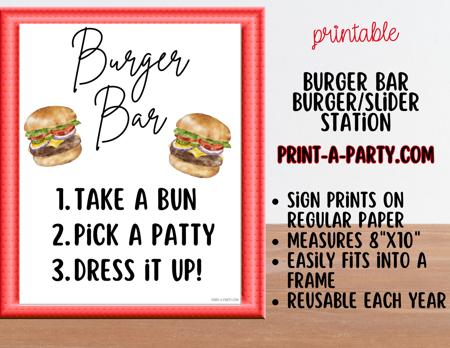 BURGER or SLIDER BAR | BURGER or SLIDER STATION Setup - White | Make Your Own Burger Buffet | Food Station for Party | Food Bar for Party | 4th of July | Summer Parties