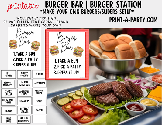 BURGER or SLIDER BAR | BURGER or SLIDER STATION Setup - White | Make Your Own Burger Buffet | Food Station for Party | Food Bar for Party | 4th of July | Summer Parties