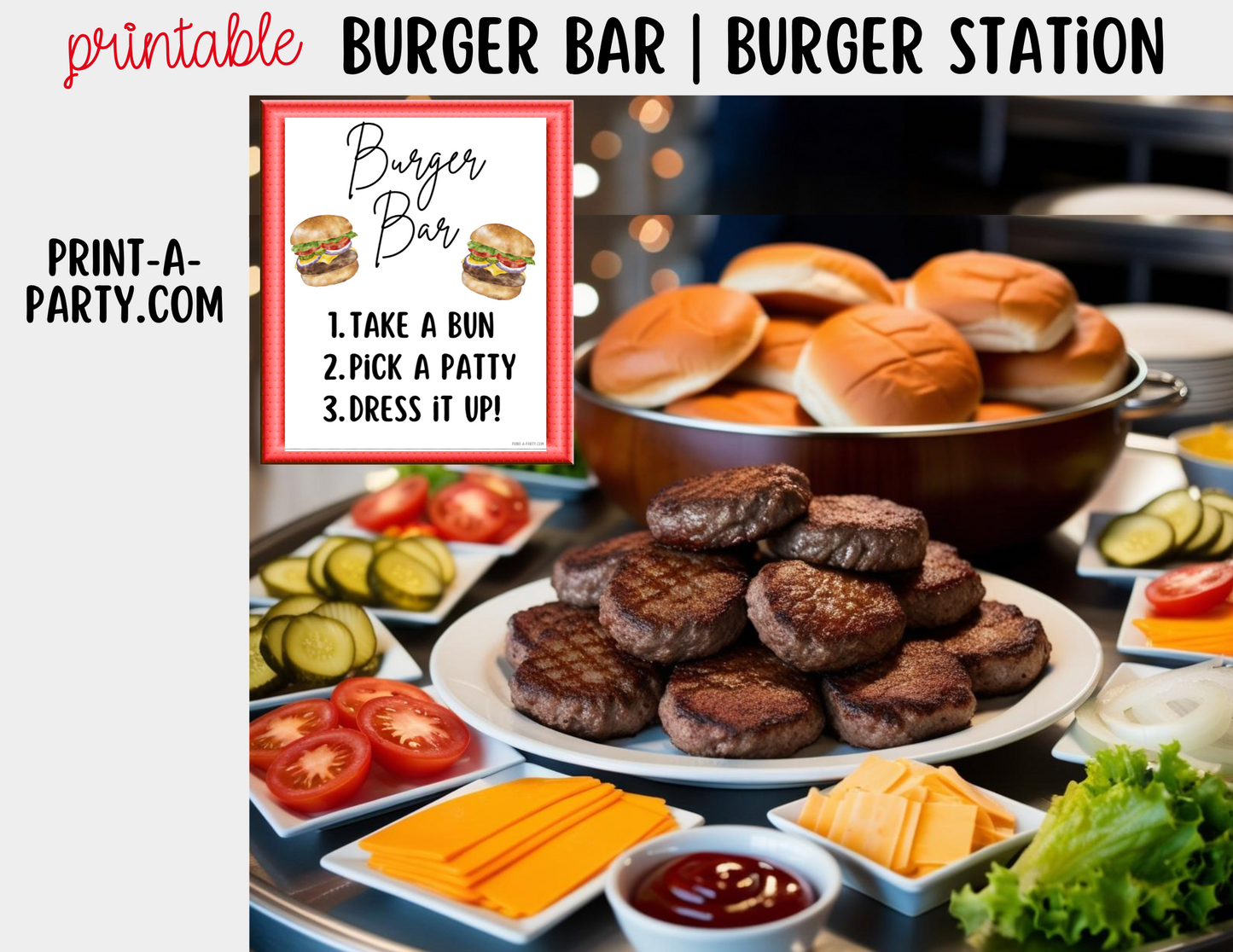 BURGER or SLIDER BAR | BURGER or SLIDER STATION Setup - White | Make Your Own Burger Buffet | Food Station for Party | Food Bar for Party | 4th of July | Summer Parties