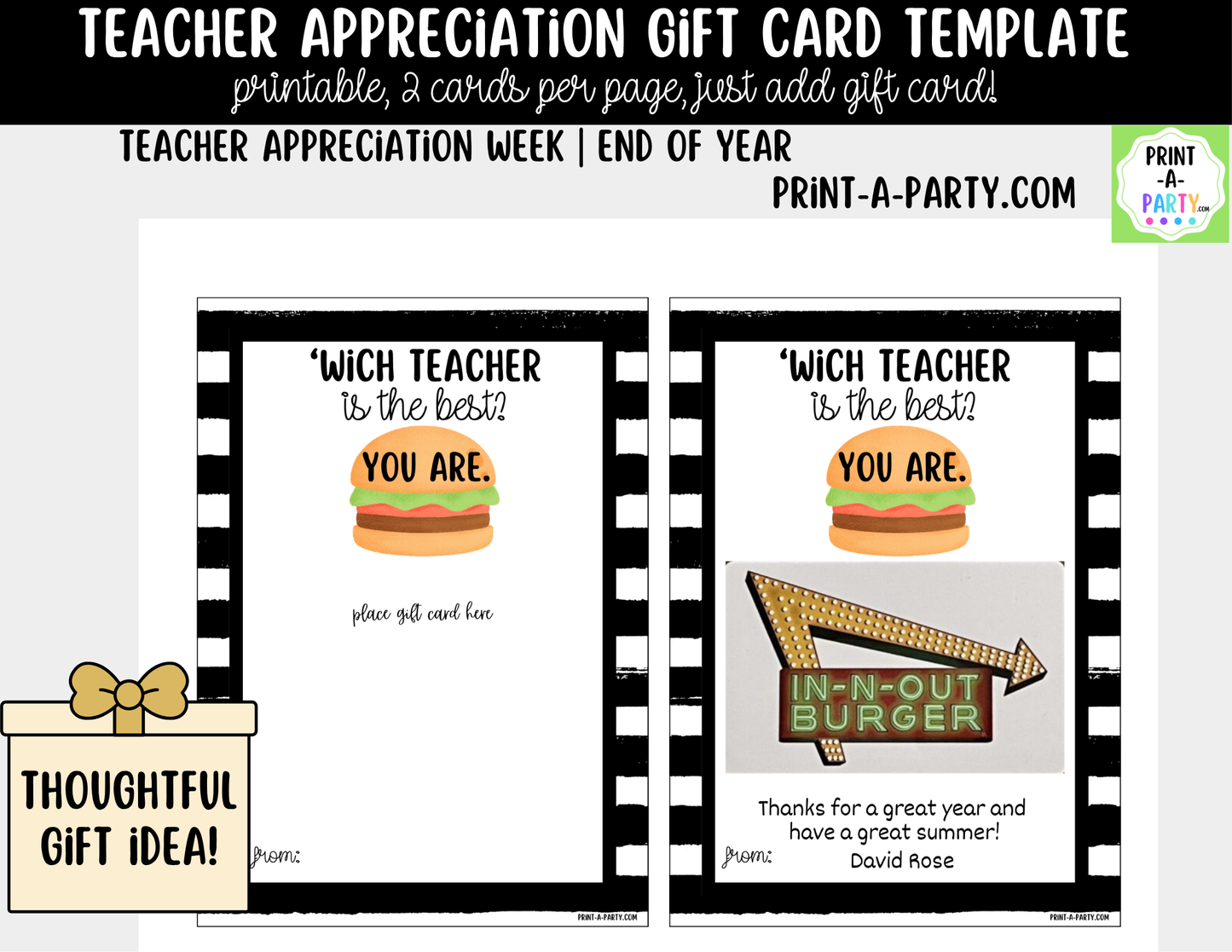 Gift Card Restaurant Templates – Teacher Appreciation Gift Cards for Teacher and Staff Gifts