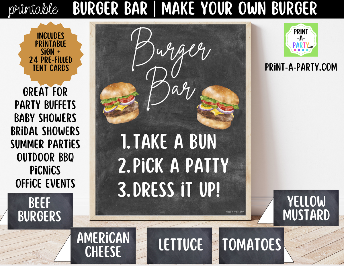 burger tent or Slider Bar Printable Sign (8x10) + Topping Cards Couleur:Gelb Informationen und Kontakt des and photo Brand RST