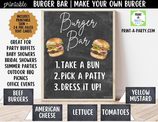 Burger or Slider Bar Printable Sign (8x10) + Topping Tent Cards - For Parties, BBQ, Cookouts, Outdoor Events