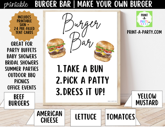 Burger or Slider Bar Printable Sign (8x10) + Topping Tent Cards - For Parties, BBQ, Cookouts, Outdoor Events