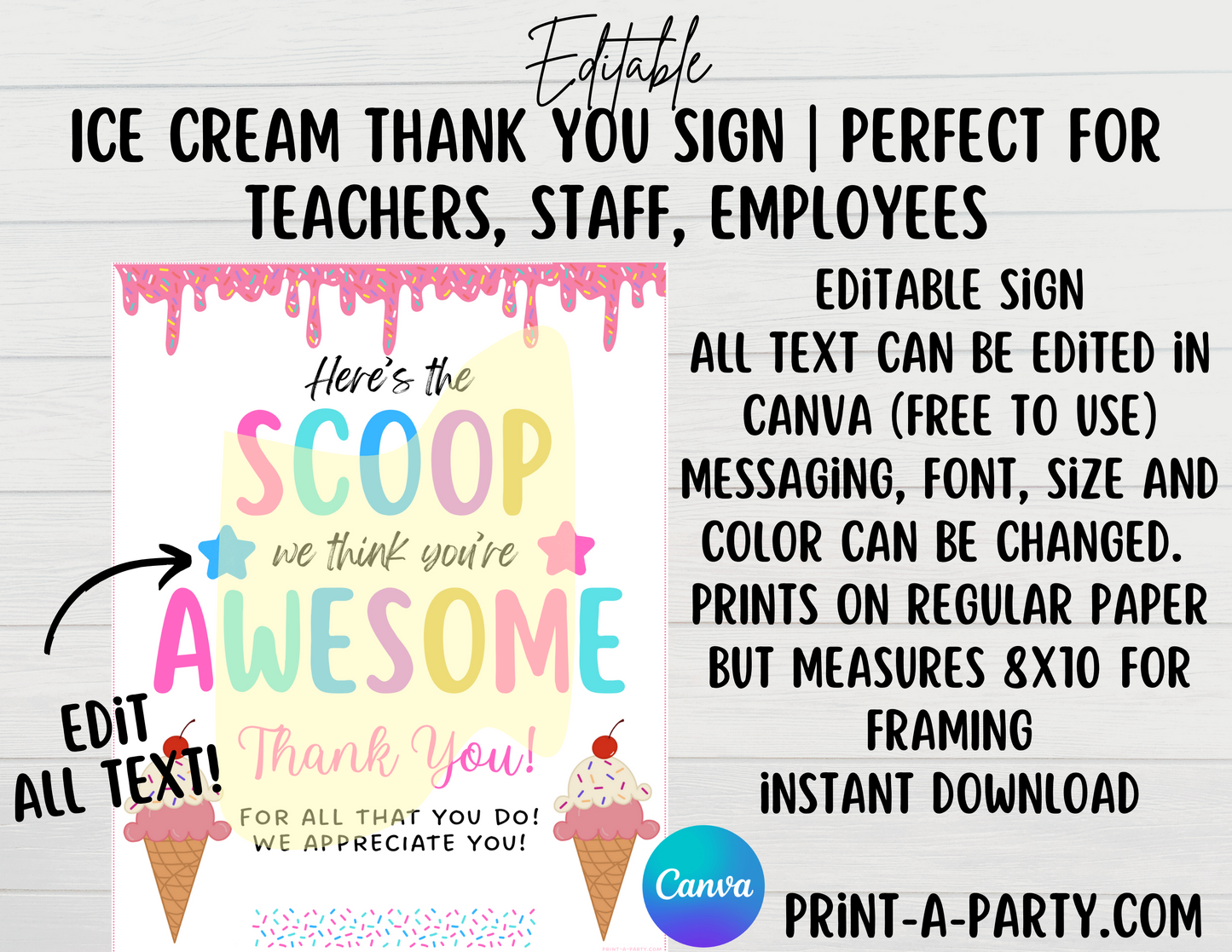 ICE CREAM STATION FOR APPRECIATION | EDITABLE or PRINTABLE Ice Cream Thank You Sign | Thank You Sign for Teachers Staff Employee Appreciation | Dessert Table Sign