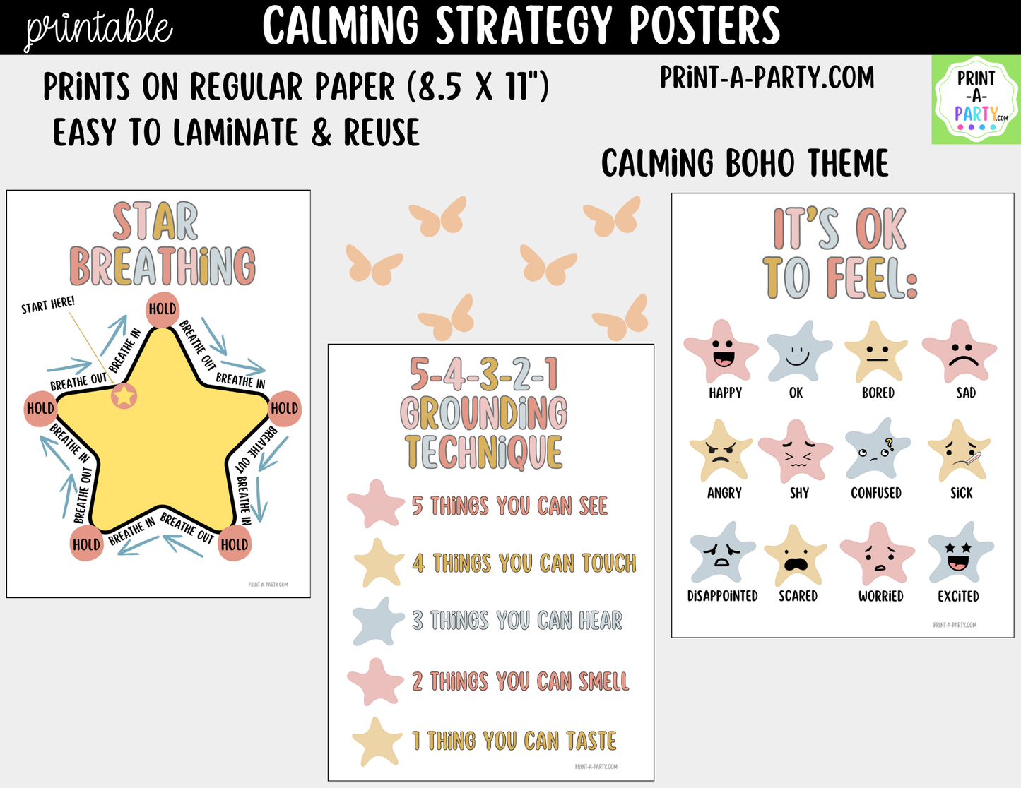 Calming Strategy Printable Posters Boho Theme, Mindfulness Posters, Social Emotional Learning