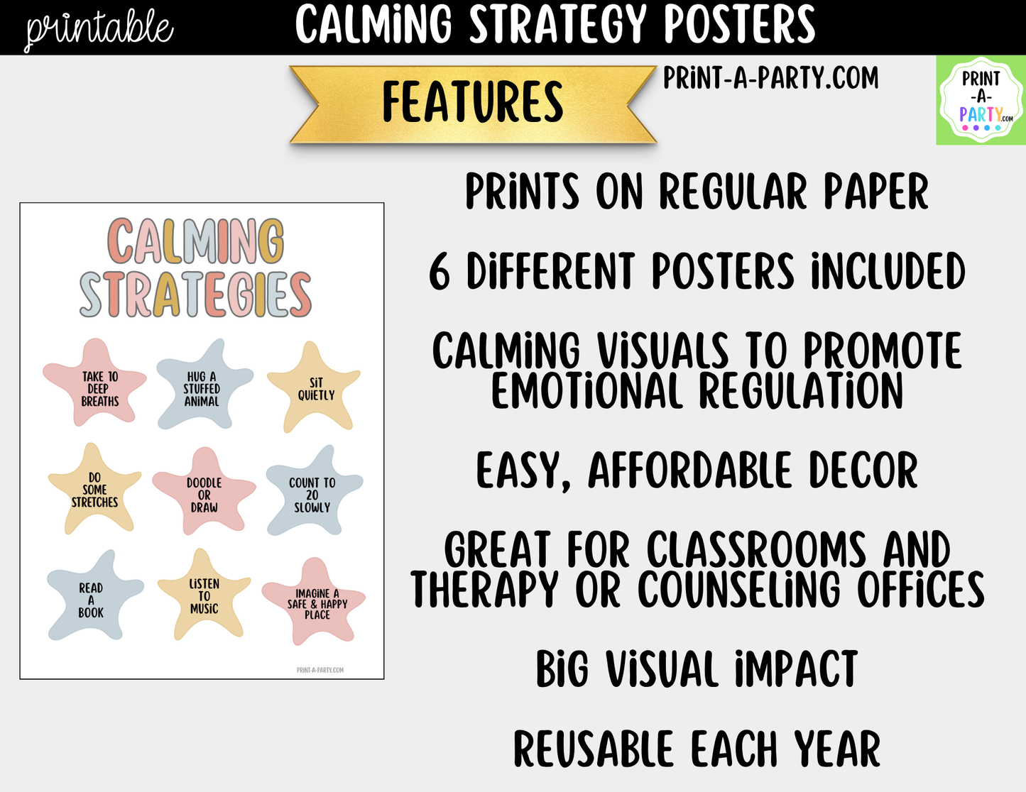 Calming Strategy Printable Posters Boho Theme, Mindfulness Posters, Social Emotional Learning
