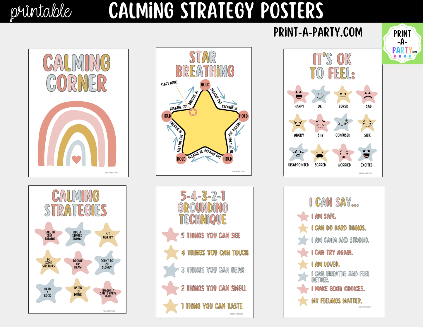 Calming Strategy Printable Posters Boho Theme, Mindfulness Posters, Social Emotional Learning