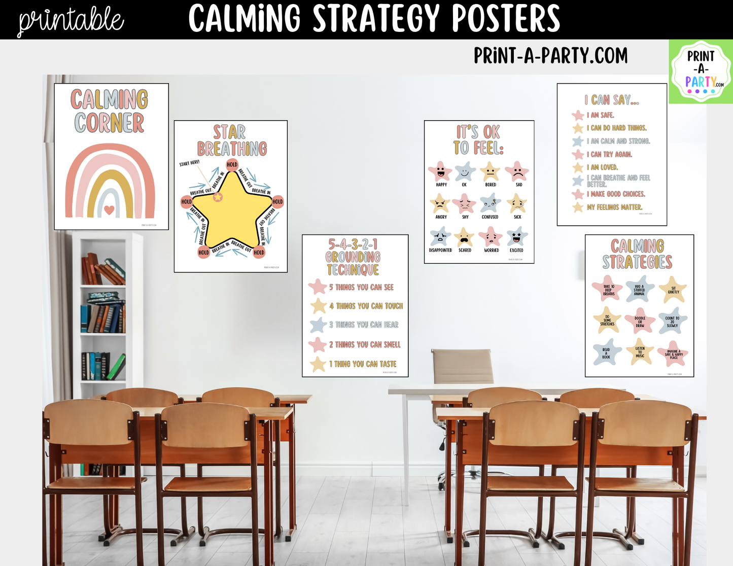 Calming Strategy Printable Posters Boho Theme, Mindfulness Posters, Social Emotional Learning