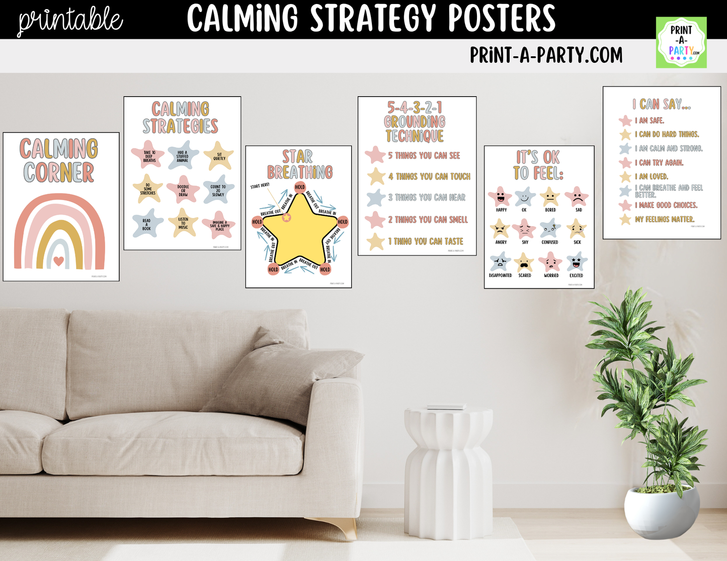 Calming Strategy Printable Posters Boho Theme, Mindfulness Posters, Social Emotional Learning