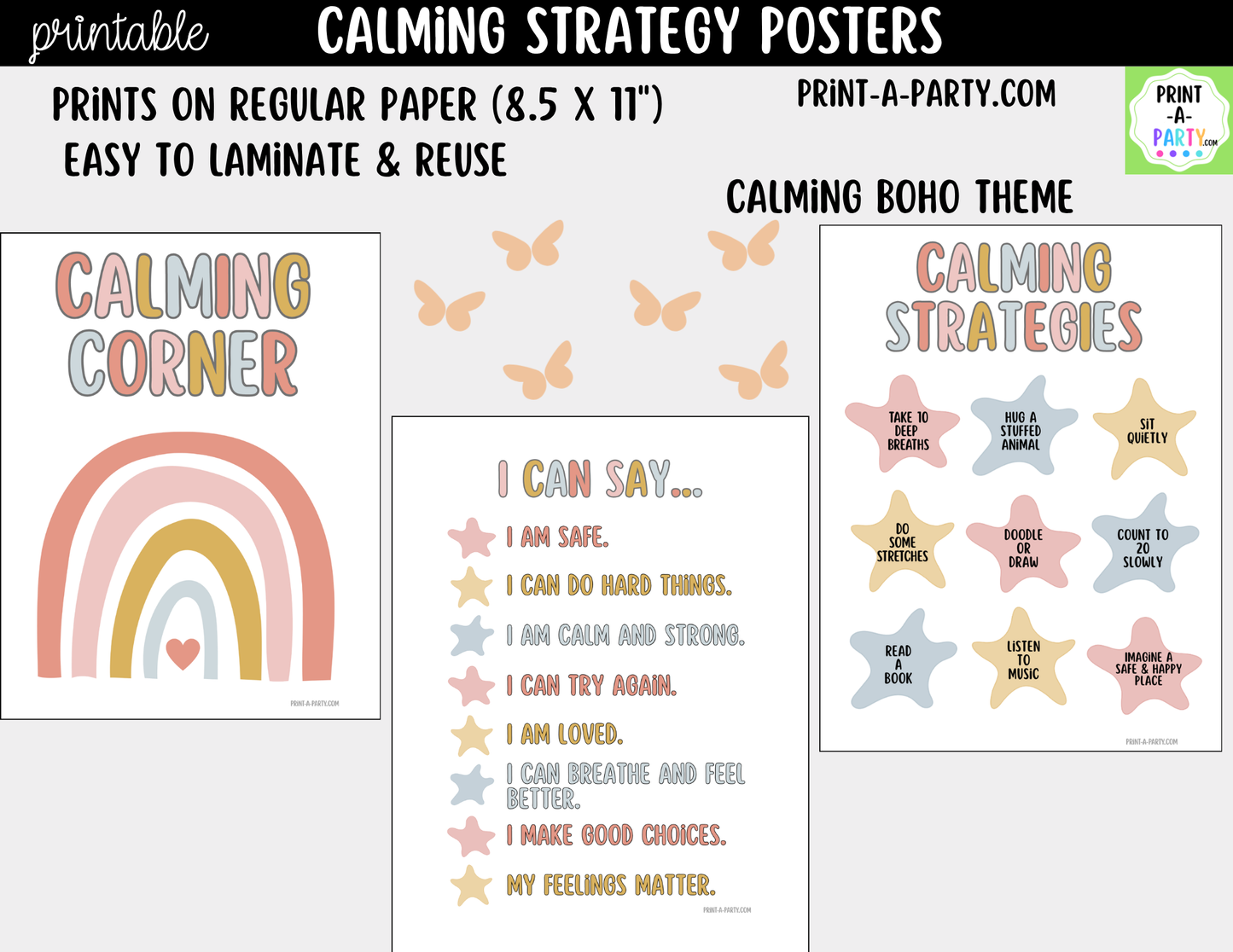 Calming Strategy Printable Posters Boho Theme, Mindfulness Posters, Social Emotional Learning