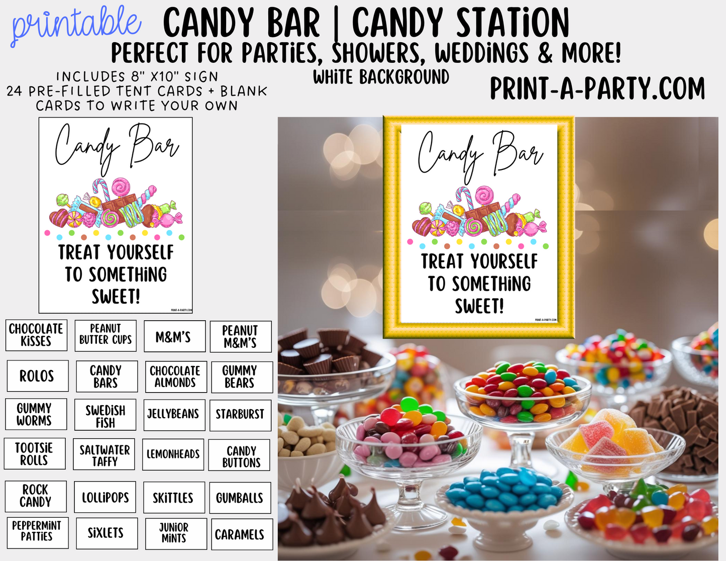 CANDY BAR Sign and Candy Labels Printable in White – Sweet Table Decor for Birthdays, Weddings, Showers & More