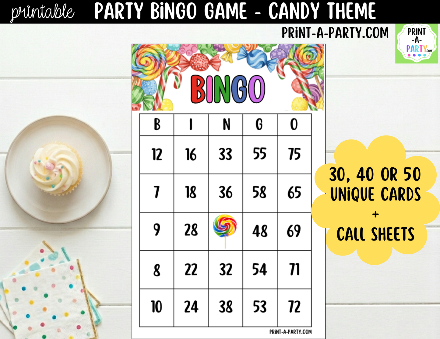 Printable Candy Bingo Game | Birthday Party Game | Classroom Activity | Instant Download