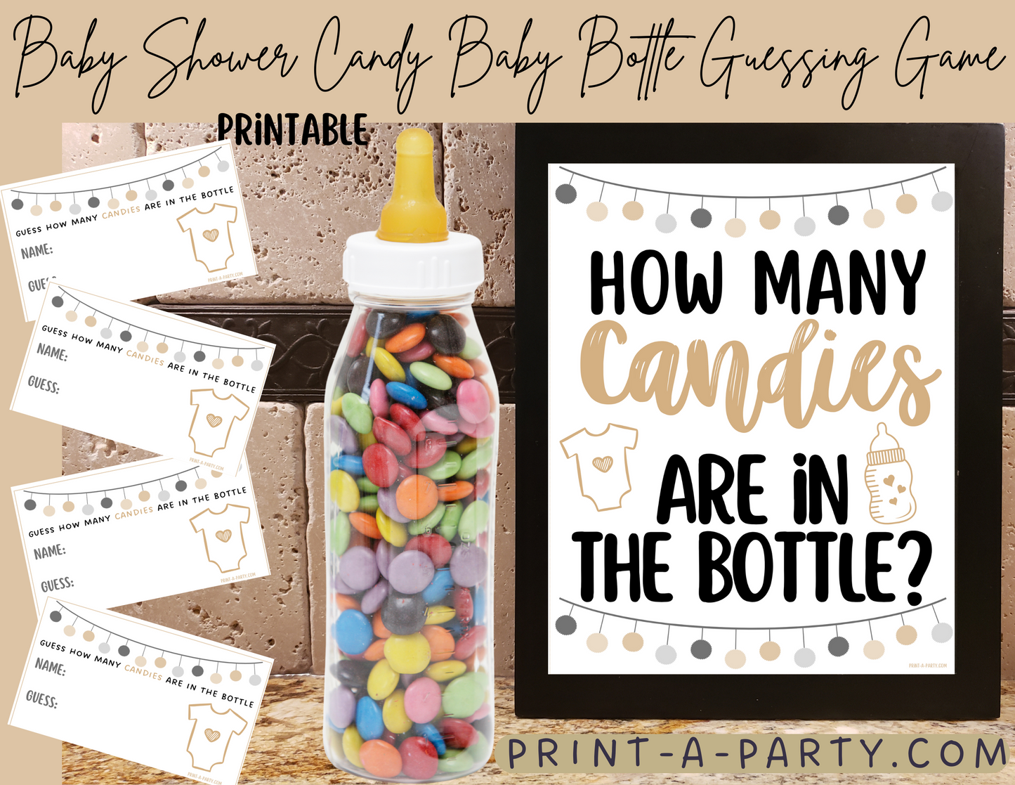 CANDY BABY BOTTLE GUESSING GAME for BABY SHOWER | How many candies in baby bottle | Baby Shower Fun | Party DIY | Printable