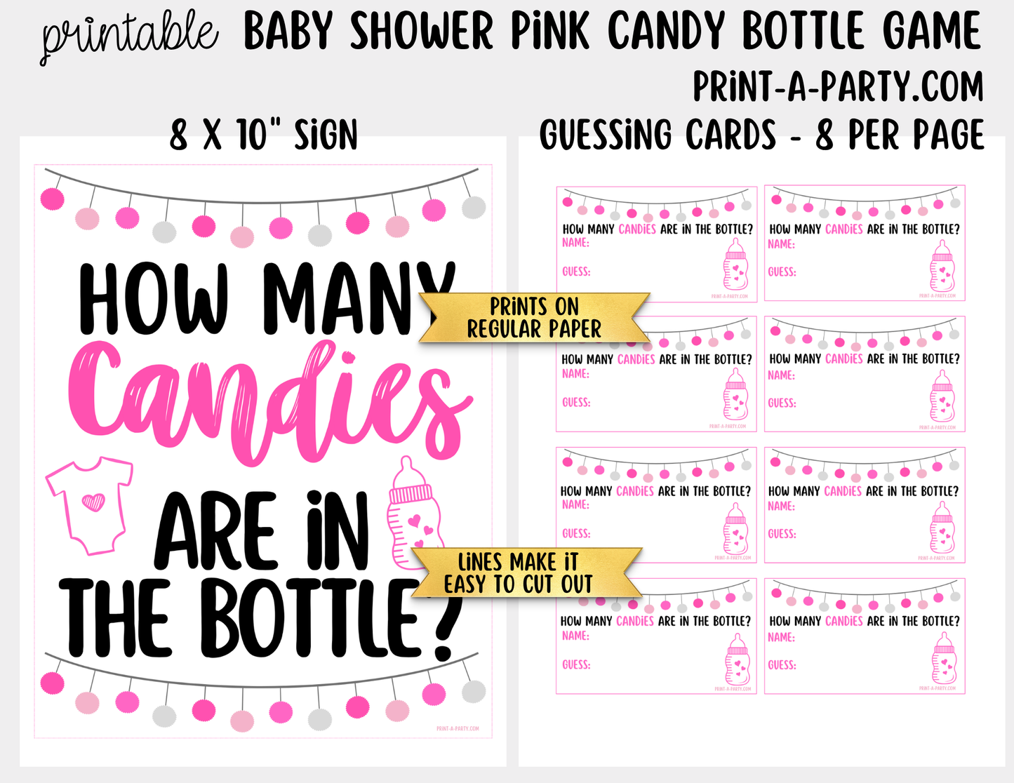 Baby Shower Candy Bottle Guessing Game Pink Printable Sign (8x10) & Cards | How Many Candies