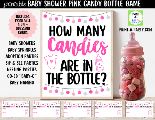 Baby Shower Candy Bottle Guessing Game Pink Printable Sign (8x10) & Cards | How Many Candies