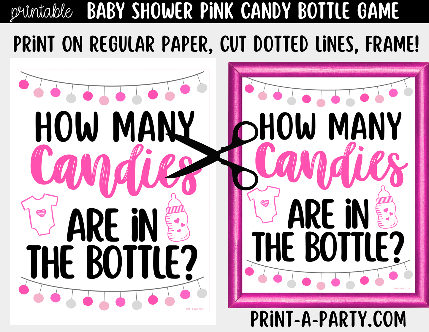 Baby Shower Candy Bottle Guessing Game Pink Printable Sign (8x10) & Cards | How Many Candies