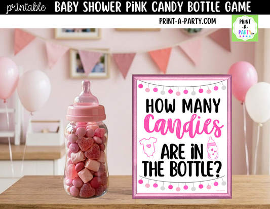 Baby Shower Candy Bottle Guessing Game Pink Printable Sign (8x10) & Cards | How Many Candies