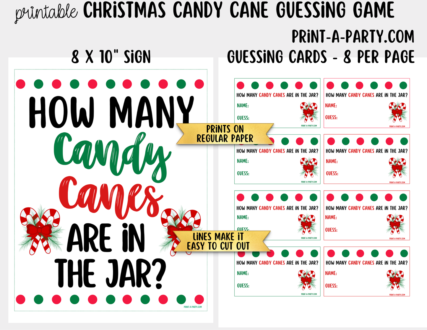 Christmas Candy Canes Jar Game Printable Sign (8x10) & guessing cards for Holiday events