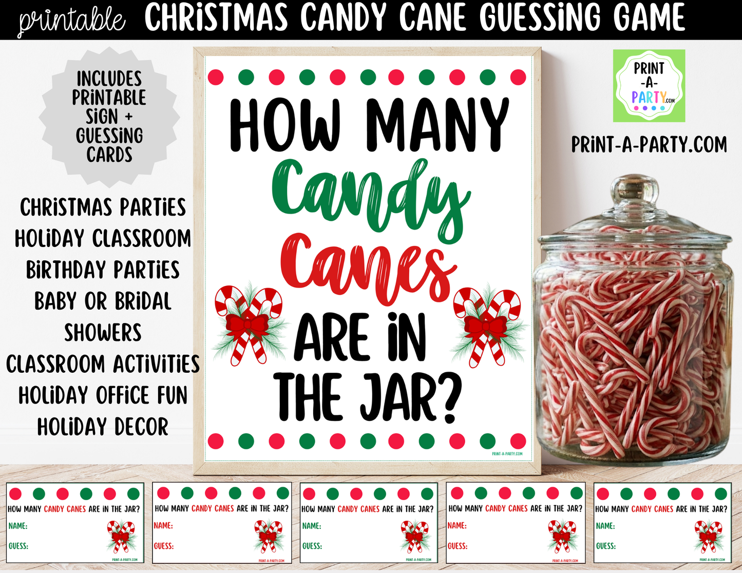Christmas Candy Canes Jar Game Printable Sign (8x10) & guessing cards for Holiday events
