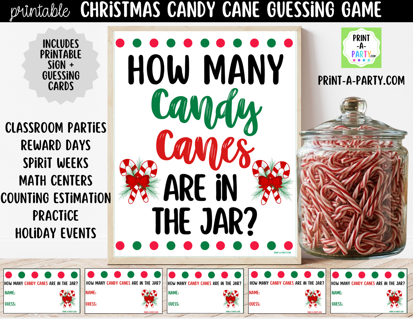 Christmas Candy Canes Jar Game Printable Sign (8x10) & guessing cards for Holiday events