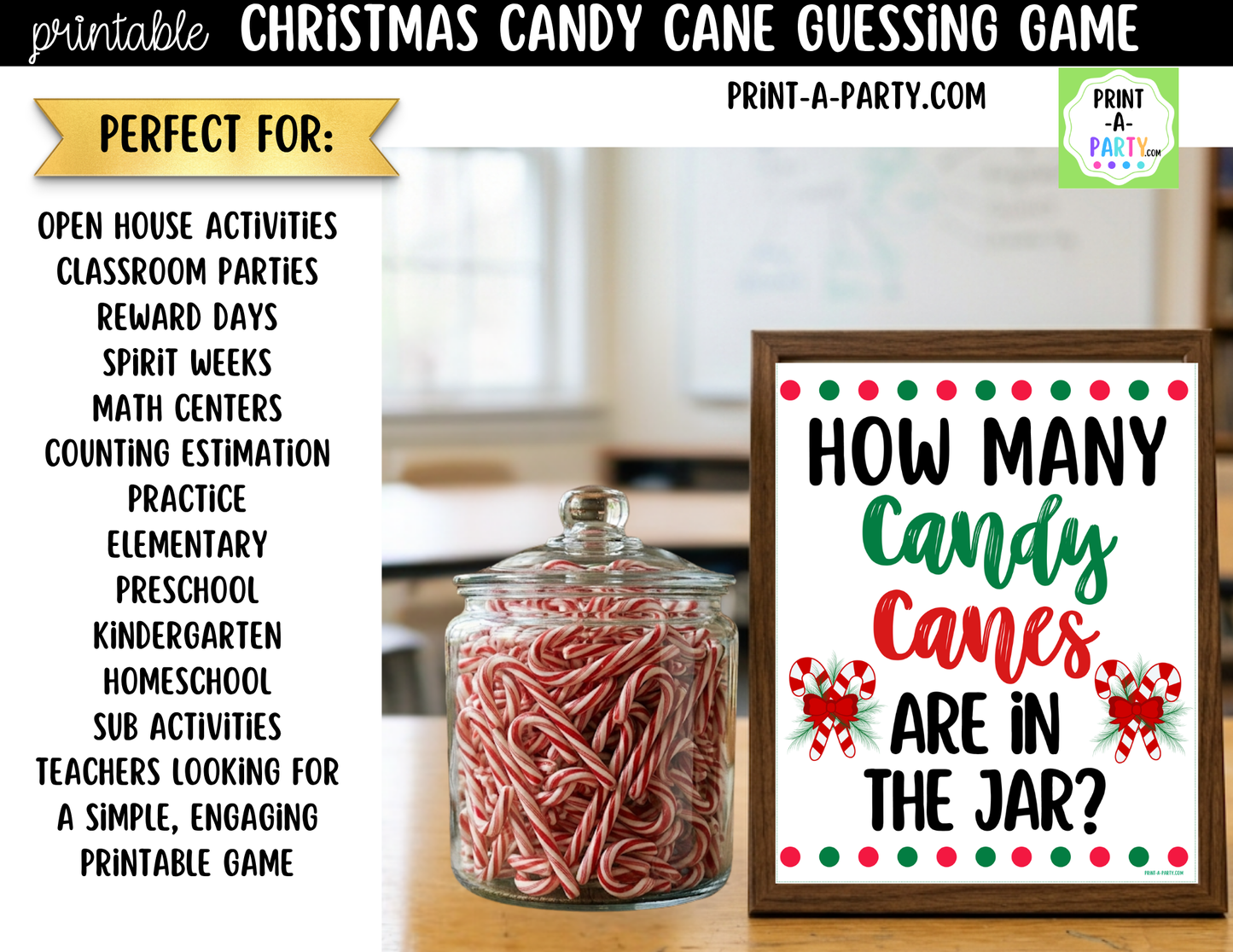 Christmas Candy Canes Jar Game Printable Sign (8x10) & guessing cards for Holiday events