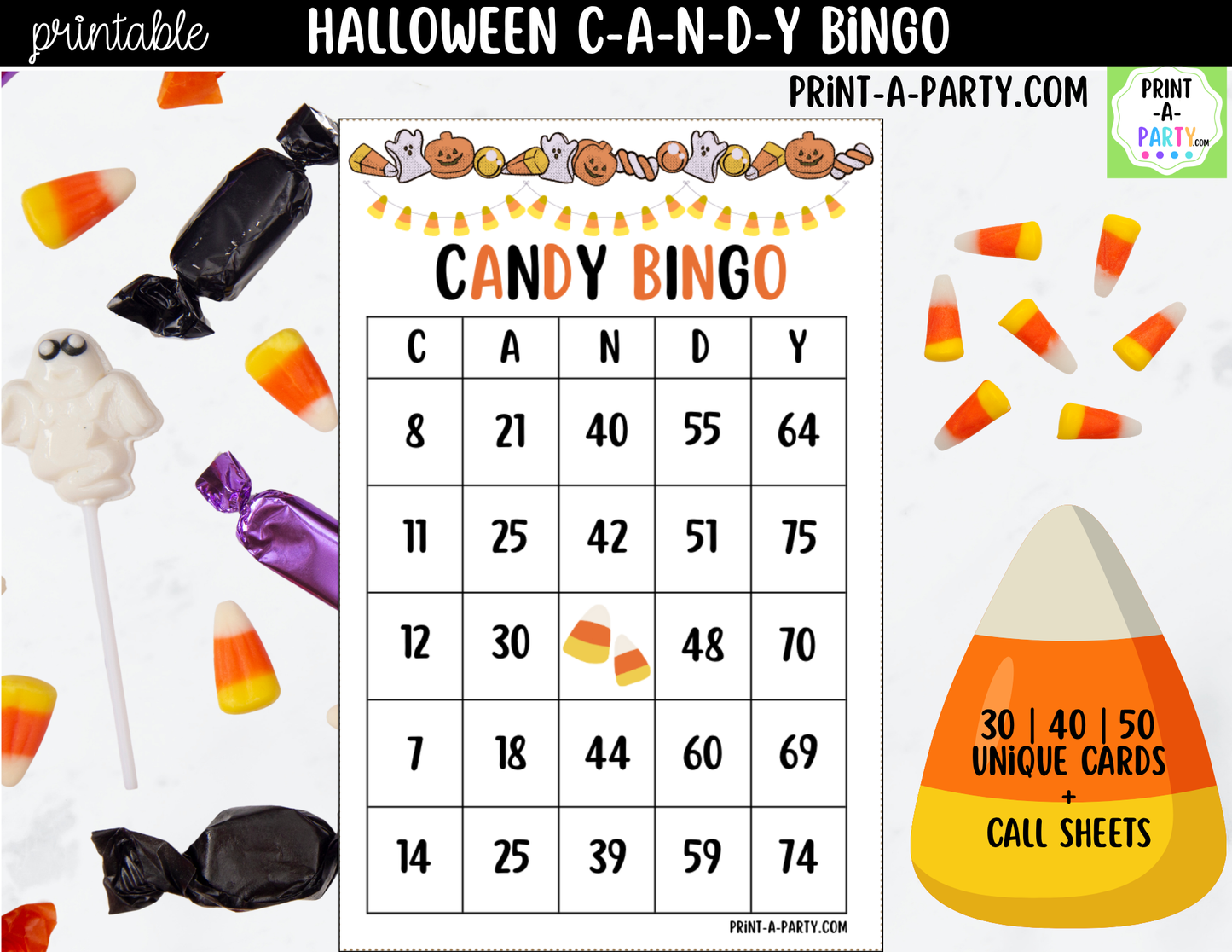 Halloween Candy Bingo Game Printable | Candy Corn Party Game | Bingo Cards & Call Sheets