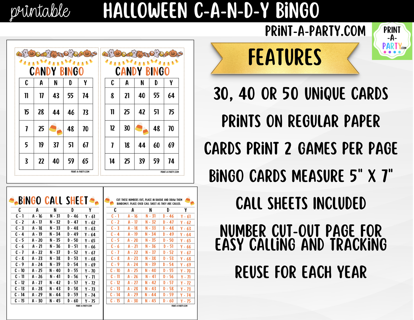 Halloween Candy Bingo Game Printable | Candy Corn Party Game | Bingo Cards & Call Sheets