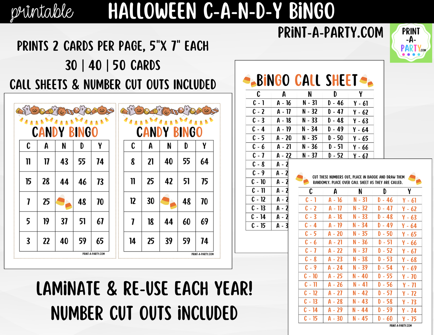 Halloween Candy Bingo Game Printable | Candy Corn Party Game | Bingo Cards & Call Sheets