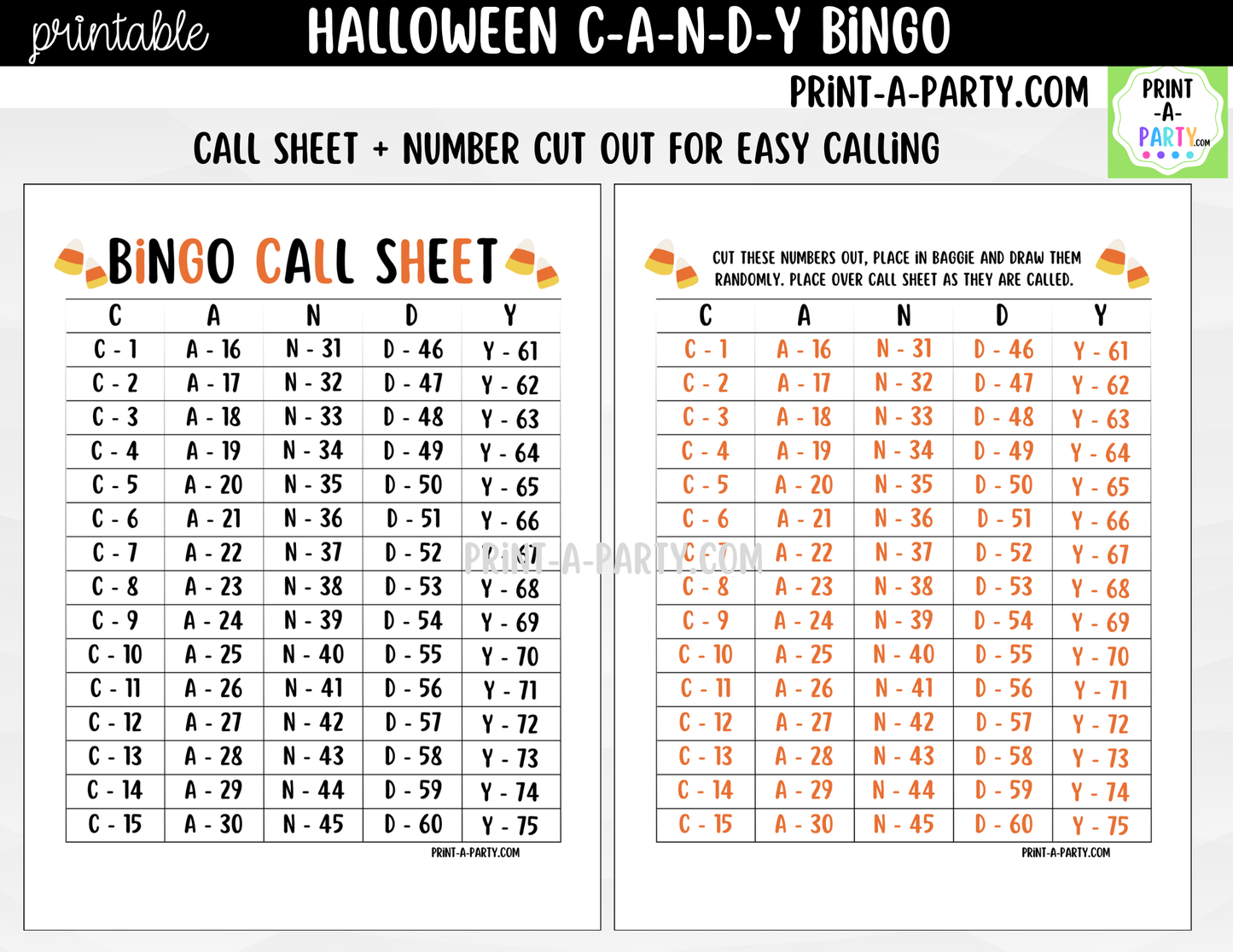 Halloween Candy Bingo Game Printable | Candy Corn Party Game | Bingo Cards & Call Sheets