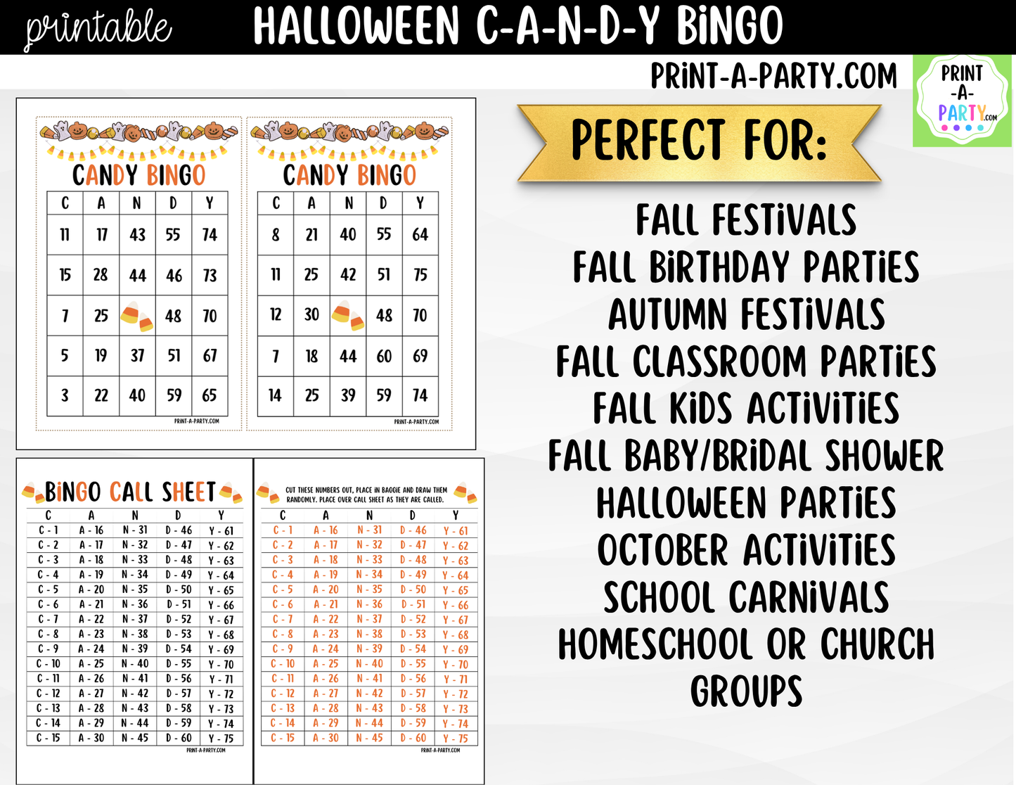 Halloween Candy Bingo Game Printable | Candy Corn Party Game | Bingo Cards & Call Sheets
